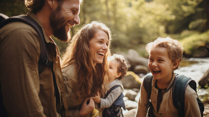 A family laughing and happy hiking next to a creek