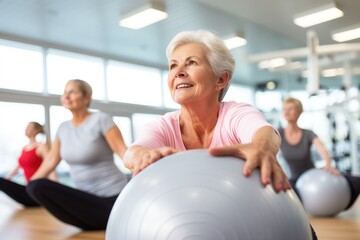 Fototapeta na wymiar A group of women engaging in a fitness routine, performing exercises on exercise balls, senior women doing pilates with soft ball lying on back in gym, AI Generated