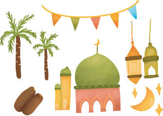 Vector hand drawn set of ramadan clipart collection