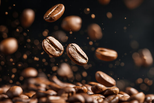 Floating Roasted Coffee Beans on Black Background © Patrick