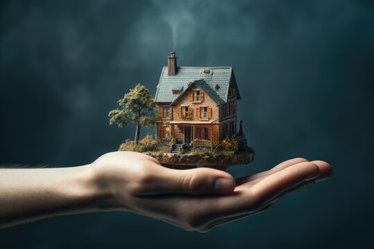 Person Holding Small House in Hands, Real Estate, Property Ownership, Home Ownership, Housing Market, Investment, Small house in a human hand, AI Generated