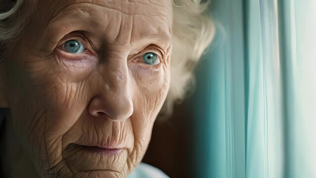 elderly woman, frail and lightskinned with crows feet tracing outlines of almondshaped eyes, sits alone in sterile shielded hospital room. shocking prognosis playing mentally on repeat, heart