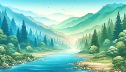 Gradient color background image with a peaceful mountain river theme