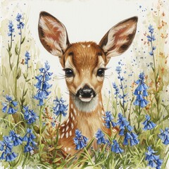 Whimsical Watercolor Fawn Hiding in Tall Grass and Bluebells Generative AI