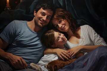 A man and two women relaxing on a bed while enjoying the company of their cat, Smiling family relaxing on bed at home, AI Generated