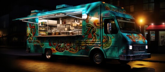Street Food truck at Night in urban area. Food Trucks sell food and Drinks