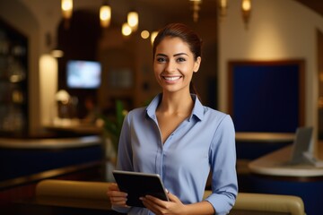 A woman standing in a restaurant, holding a tablet, smiling female receptionist behind the hotel counter showing him available rooms on tablet, AI Generated