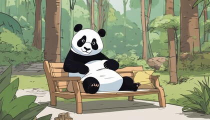 A cartoon panda bear sitting on a bench in the woods