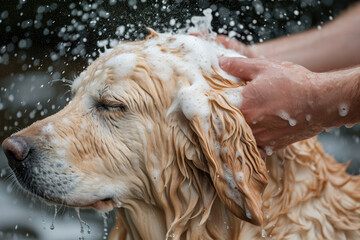 A satisfied Labrador dog sits in a bubble bath with soap bubbles and enjoys bathing. Dog in shower enjoying bath.