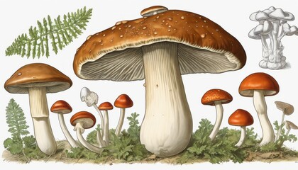 A drawing of a mushroom with other mushrooms around it