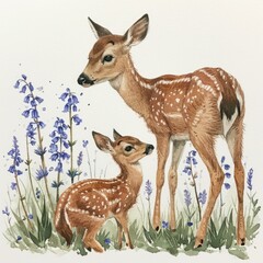 Whimsical Watercolor Fawn Learns to Graze from Mother in Bluebell Field Generative AI