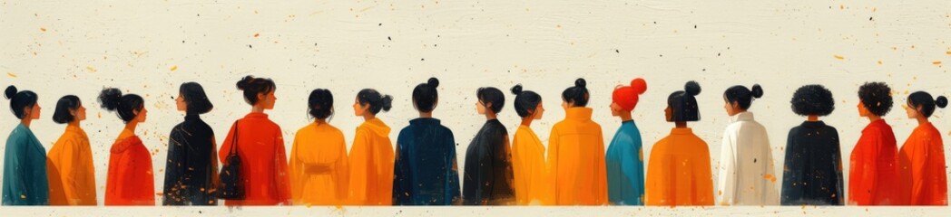 image of an illustration with a group of people, in the style of black and beige, panorama, diverse color palette, white background, erica hopper, poster, pure color  - obrazy, fototapety, plakaty