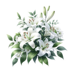 watercolor of White Lily flower bouquet and greenery leaves clipart