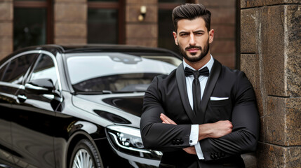 A bodyguard driver in a suit and tie is waiting for the protected person against the backdrop of an expensive armored car, luxurious service, and duties.