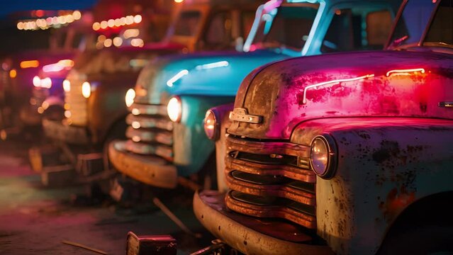 A row of vintage trucks their faded paint jobs illuminated by the neon beams showcasing the evolution of truck design over the years.