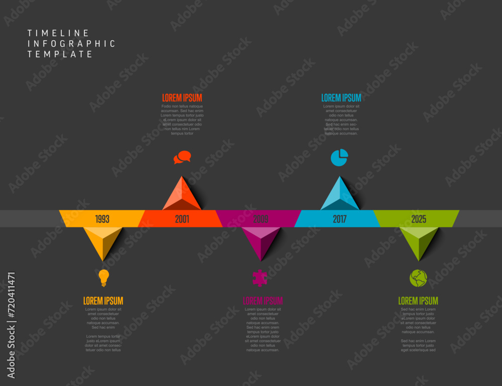 Poster dark infographic timeline template with up and down triangle arrows on color time line