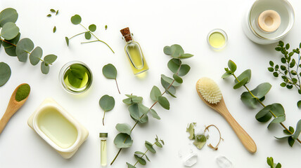 Spa concept with eucalyptus oil and eucalyptus leaf. Background, flat layout, top view