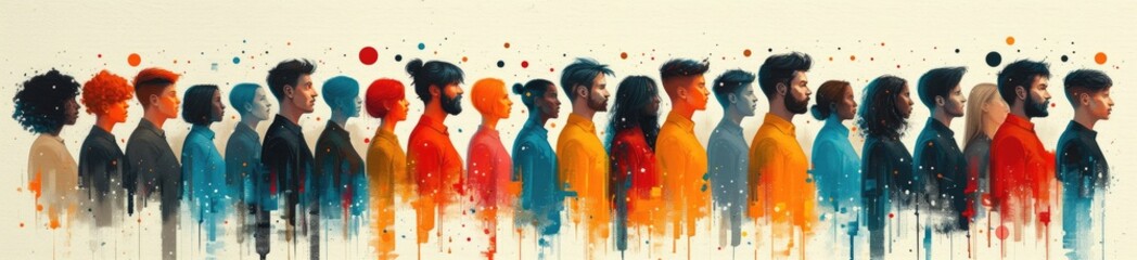 image of an illustration with a group of people, in the style of black and beige, panorama, diverse color palette, white background, erica hopper, poster, pure color - obrazy, fototapety, plakaty