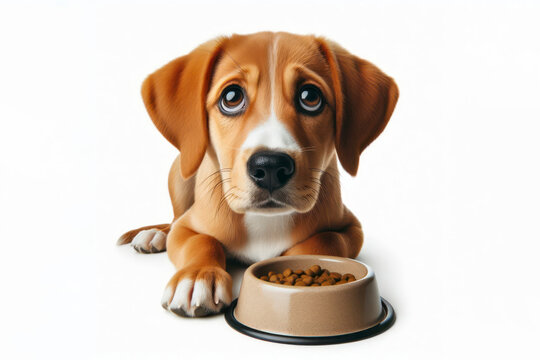 a cute dog with big sad eyes sits by a bowl waiting for food isolated on solid white background. ai generative