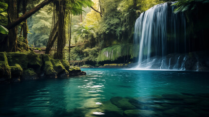 a waterfall cascading into a turquoise pool surrounded by lush greenery.