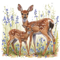 Whimsical Watercolor Fawn Learning to Walk with Mother amid Bluebells Generative AI