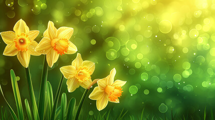Obraz na płótnie Canvas daffodils in sunshine ,flowers in green spring meadow on blurred bokeh background