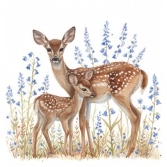 Whimsical Watercolor Fawn and Mother Amid Bluebells Generative AI