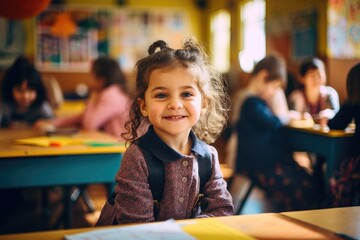 A young girl sitting attentively at a table in a classroom, focusing on her work, student in a kindergarten classroom, AI Generated - obrazy, fototapety, plakaty