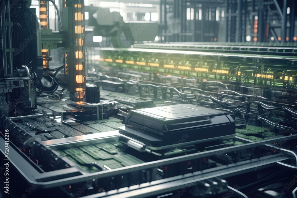 Poster a multitude of machines crowded in a spacious machine room, creating a bustling industrial atmospher