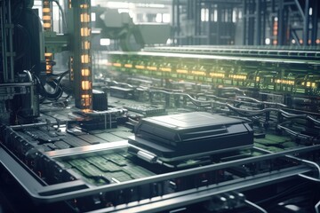 A multitude of machines crowded in a spacious machine room, creating a bustling industrial atmosphere, Stunning image of electric vehicle battery packs assembly line, AI Generated