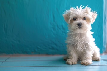 A little white dog perched over a blue floor. Generative Ai. - Powered by Adobe