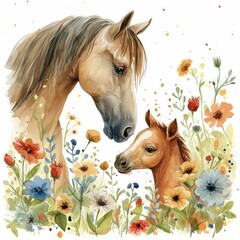 Whimsical Watercolor Foal Learning to Neigh from Mother in Wildflower Meadow Generative AI