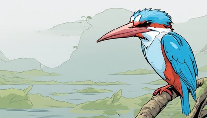 Obraz premium A blue, red and white bird with a long beak sitting on a branch