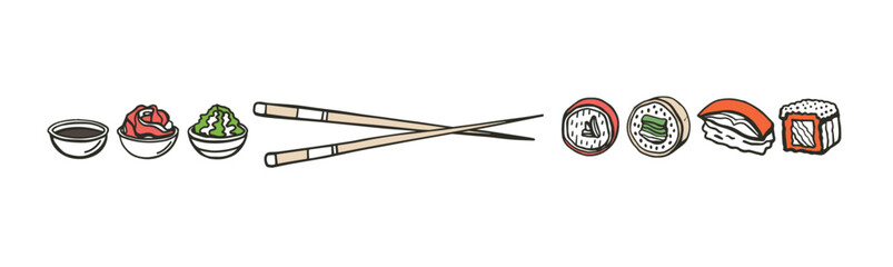 Isolated vector set of Japanese sushi set in hand drawn doodle style on a yellow background. Wasabi, ginger, soy sauce and sushi sticks. Asian food for restaurants menu.