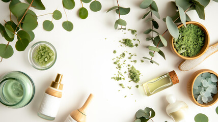 Spa concept with eucalyptus oil and eucalyptus leaf. Background, flat layout, top view - obrazy, fototapety, plakaty