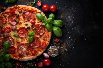 Delicious Pepperoni Pizza With Basil, Tomatoes, and Garlic, Tasty pepperoni pizza and cooking ingredients tomatoes basil on black concrete background, AI Generated