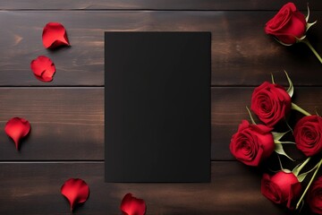 Mockup blank black greeting card with red rose flower on dark wood background. Valentine's day-wedding. presentation. advertisement. copy text space.	