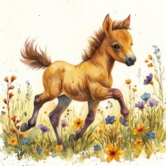 Whimsical Watercolor Foal Prancing in Meadow Generative AI