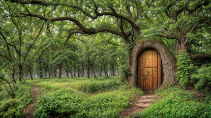 Enchanted Forest Pathway to a Mystical Tree Door