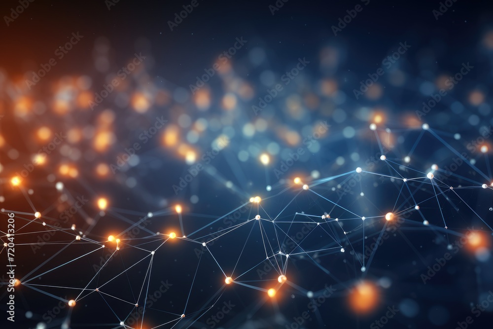 Poster blue and orange background with dots and lines, technical abstract background with an interconnected
