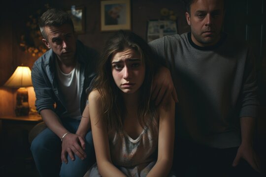 A man and a woman are seen sitting side by side in a relaxed manner, enjoying each others company, Teenage girl feeling down while her parents try to comfort her, AI Generated