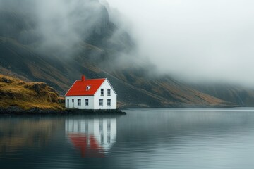 Fototapeta na wymiar A mountain and a body of water, with a white home with a red roof. Generative Ai.