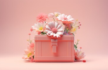 the present box with flowers on the pink background. Women's day sales blank banner background