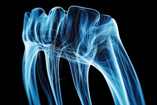 Blue X-Ray Image of an Elongated Bone Revealing Inner Structure and Health Condition, Toothache x-ray radiograph showing tooth pain in the root nerve, AI Generated