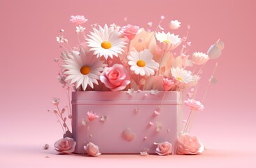the present box with flowers on the pink background. Women's day sales blank banner background