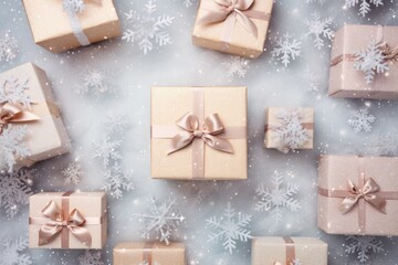 Fototapeta na wymiar Group of Wrapped Presents on Snow Covered Ground, Top view photo beautifully presented gift boxes tied with bows, fashionable tree decor, snowflakes on soft pastel backdrop, AI Generated