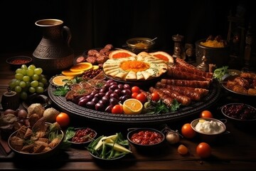 A bountiful assortment of delectable dishes arranged on a table, ready to satisfy the guests appetites, Turkish Ramazan ritual concept with special foods, AI Generated