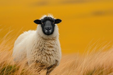 A sheep in black and white standing on some grass. Generative Ai.