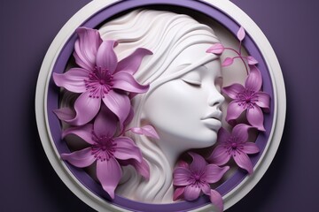 pink flowers on a purple background depict the female symbol in 3d.  3d mockup 8 march