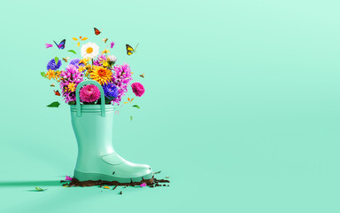 Mint green rubber boot full of colorful spring flowers with butterflies and bees on mint green background with copy space. Spring is here concept banner. 3D Rendering, 3D Illustration - 720415628